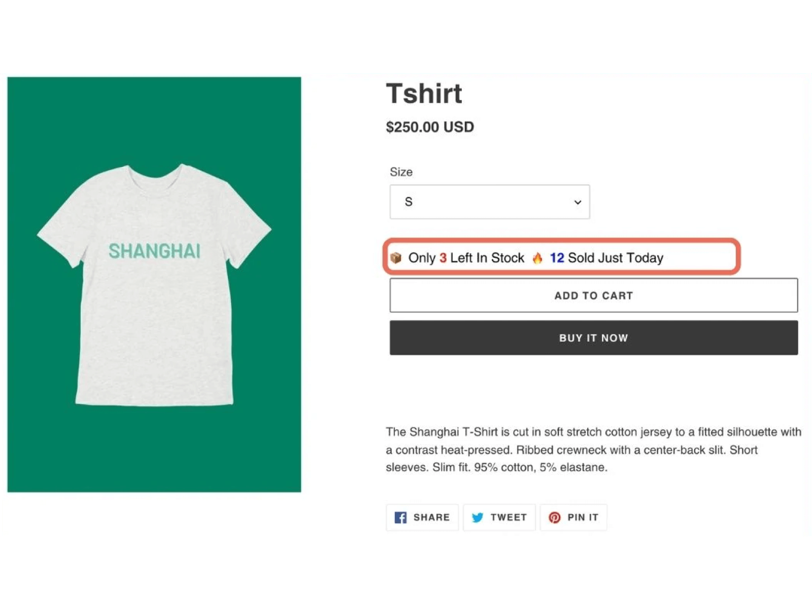 ภาพหน้าจอเว็บไซต์ขายเสื้อยืด แสดงรูปเสื้อยืดสีเทาที่มีคำว่า "SHANGHAI" และรายละเอียดสินค้า เช่น ราคา ขนาด พร้อมข้อความที่สร้างแรงจูงใจในการซื้อว่า "Only 3 Left In Stock" และ "12 Sold Just Today"
