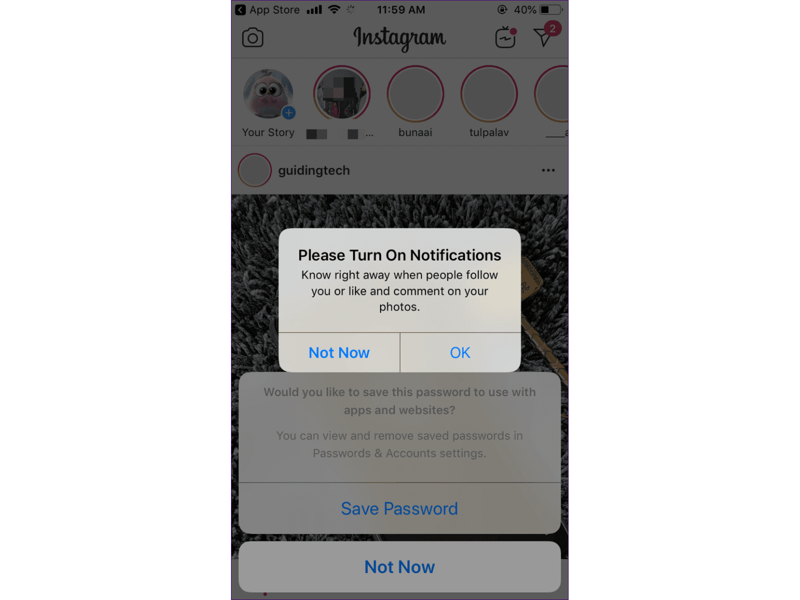 ภาพหน้าจอแอปพลิเคชัน Instagram ที่มีหน้าต่างแจ้งเตือน (pop-up) ขอให้เปิดการแจ้งเตือน (notifications) โดยมีตัวเลือกให้กด "Not Now" หรือ "OK"