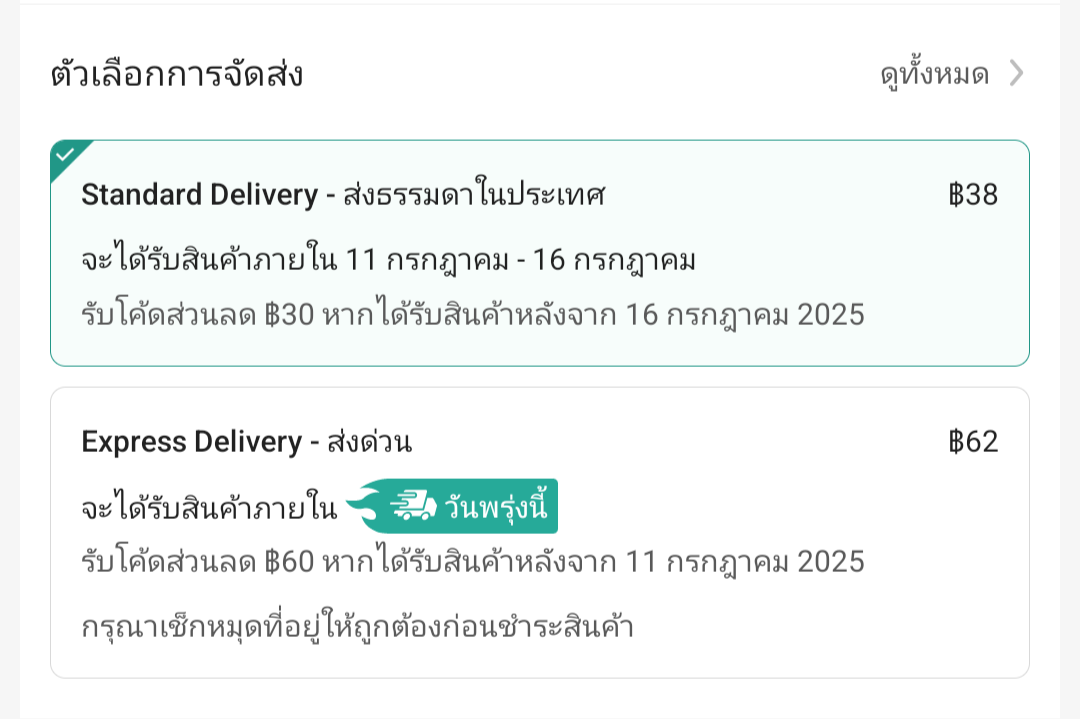 ภาพตัวเลือกการจัดส่งสินค้า โดยมีตัวเลือก "Standard Delivery - ส่งธรรมดาในประเทศ" และ "Express Delivery - ส่งด่วน" แสดงรายละเอียดค่าส่งและวันที่คาดว่าจะได้รับสินค้า