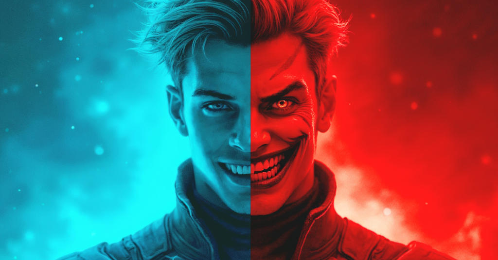 ภาพบุคคลที่แบ่งครึ่งใบหน้า โดยครึ่งซ้ายเป็นใบหน้าปกติที่มีแสงสีฟ้าและยิ้มเล็กน้อย ส่วนครึ่งขวาเป็นใบหน้าที่แต่งหน้าคล้ายโจ๊กเกอร์ มีแสงสีแดงและยิ้มกว้าง