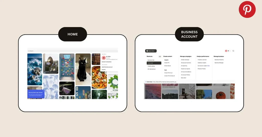 ภาพรวมเมนูหลักของแอป pinterest ได้แก่ Home, Business Account