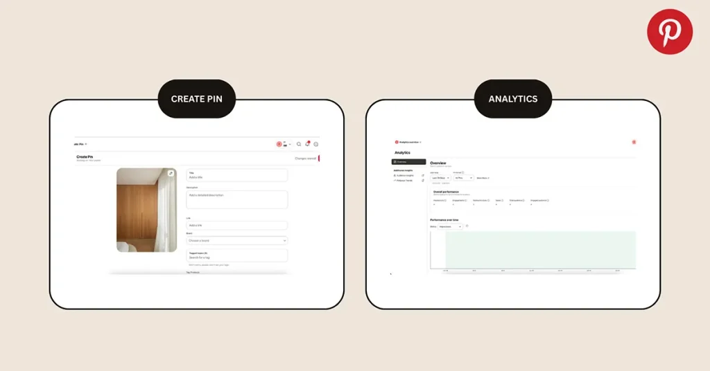 ภาพรวมเมนูหลักของแอป pinterest ได้แก่ Create pin,  Analytics overview