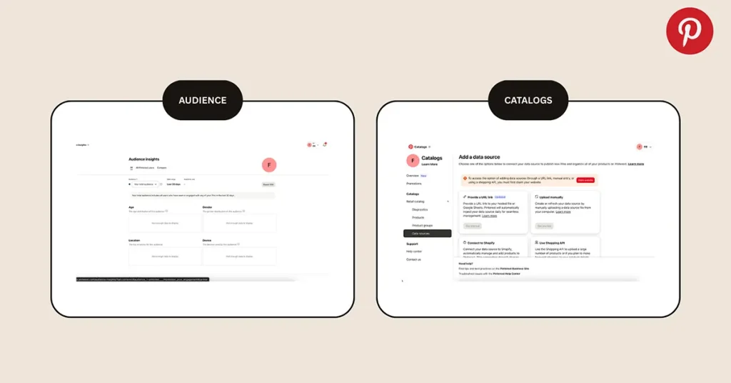 ภาพรวมเมนูหลักของแอป pinterest ได้แก่ audience insights, Create calalogs