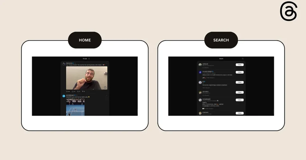 ภาพรวมเมนูหลักของแอป threads ได้แก่ Home, Search