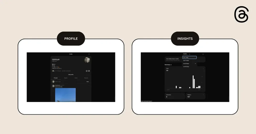 ภาพรวมเมนูหลักของแอป threads ได้แก่ Profile, Insights