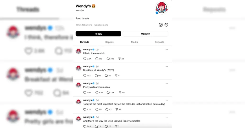 ตัวอย่างโพสต์ของ Wendy’s บน Threads