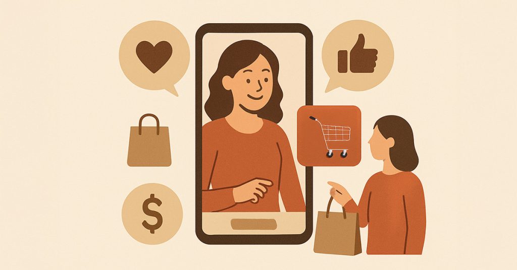 ภาพคนช้อปปิ้งผ่านมือถือ แสดงการสื่อสารระหว่างผู้ขายและผู้ซื้อในยุคโซเชียลคอมเมิร์ซ