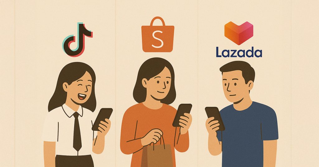 ภาพผู้คนกำลังช้อปปิ้งผ่านมือถือ แสดงโลโก้ TikTok Shopee และ Lazada สื่อถึงความแตกต่างของนักช้อปแต่ละแพลตฟอร์ม