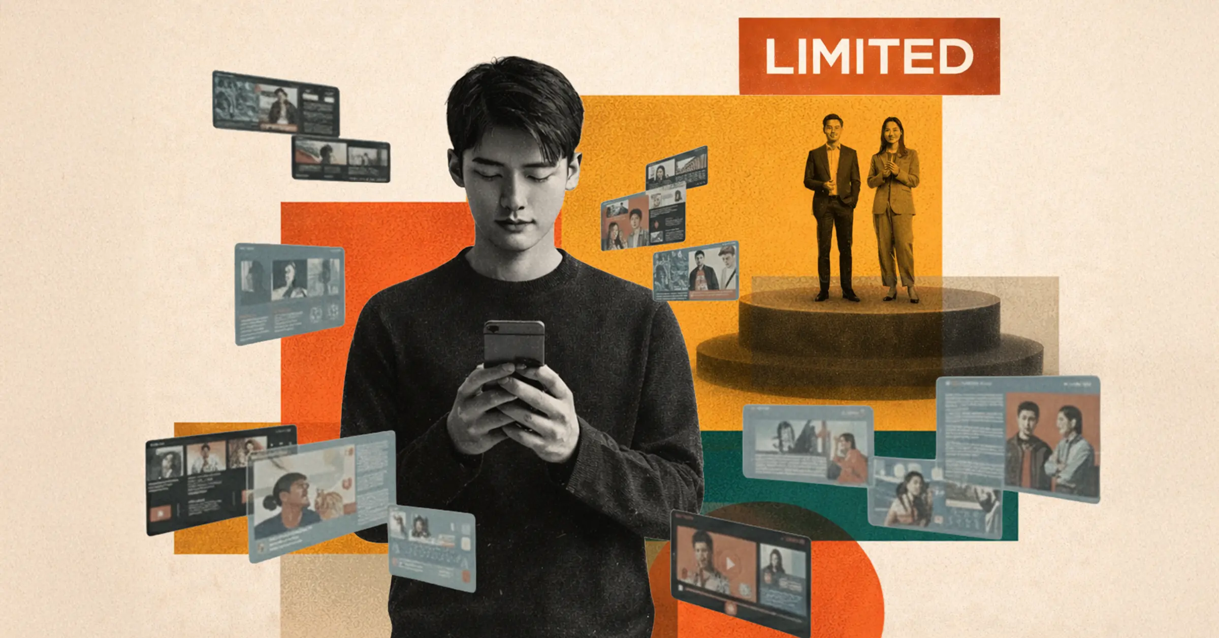 ภาพคนเล่นมือถือท่ามกลางฟีดโฆษณาที่ล้นหลามและแคมเปญ Collab แบบ Limited ที่โดดเด่นออกมา สื่อถึงทางออกของปัญหา Content Fatigue