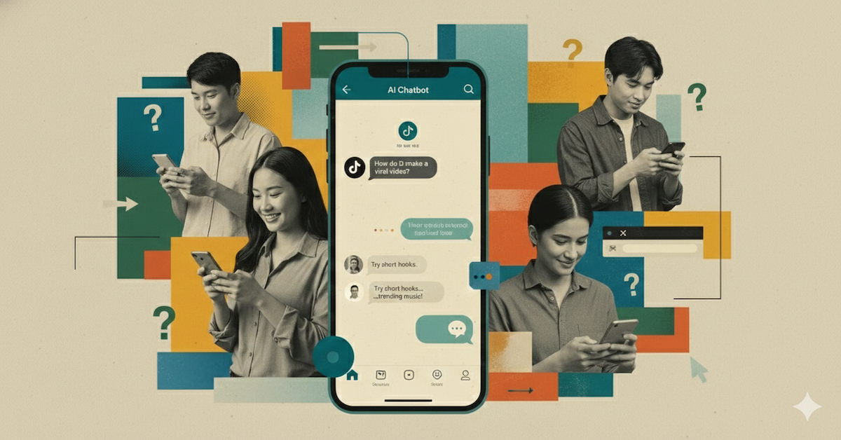 กลุ่มคนกำลังใช้งานสมาร์ทโฟน มีหน้าจอแชท AI Chatbot Tako ของ TikTok อยู่ตรงกลาง